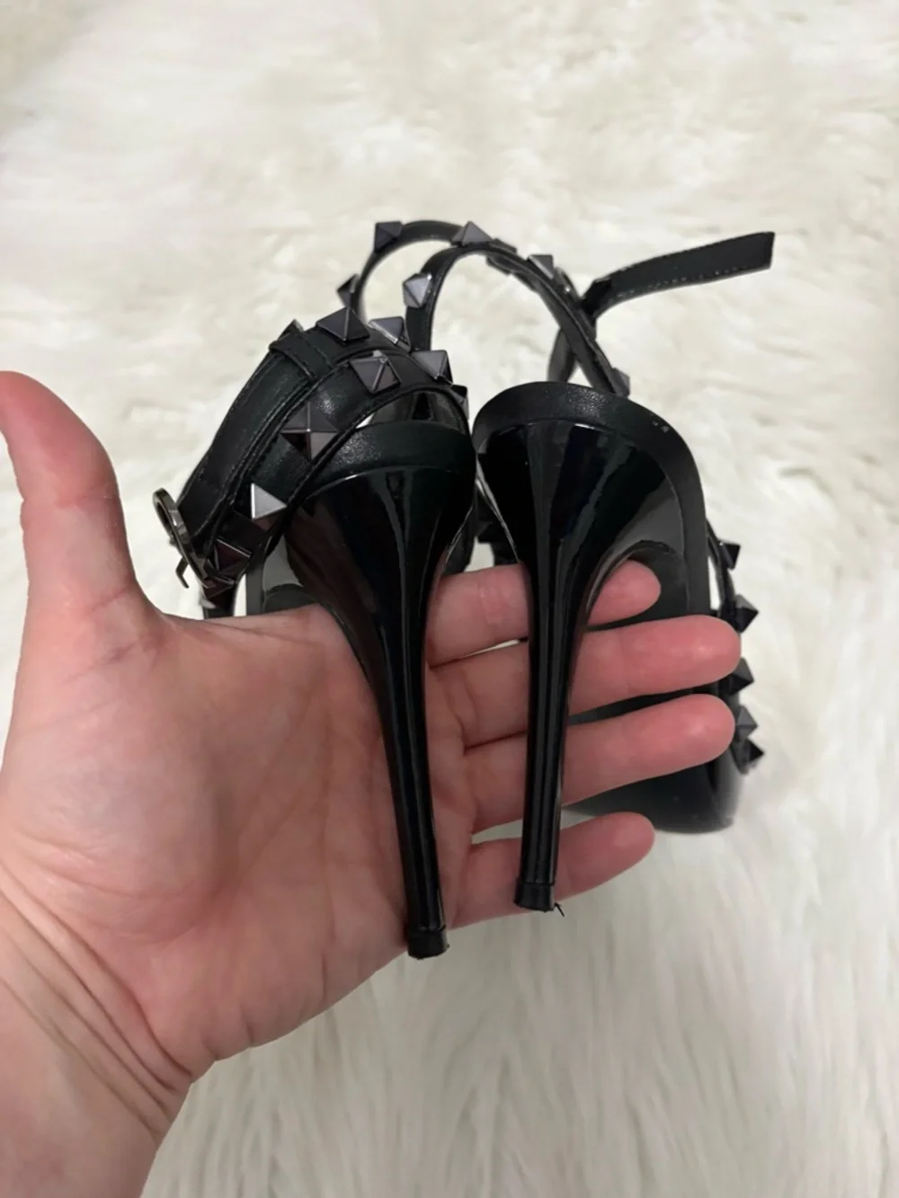 Kaitlyn Pan Black Goth Whimsigoth Fairygoth Studded Pointed-Toe Slingback Heels - Picture 3 of 5